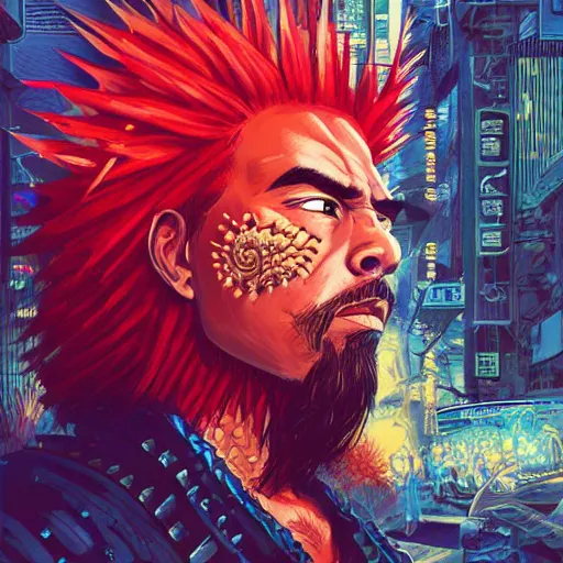 Image similar to portrait painting of a maori street samurai with spiky red hair, cyberpunk, glitchwave, vaporwave, sharp focus, award - winning, trending on artstation, masterpiece, highly detailed, intricate. art by josan gonzales and moebius