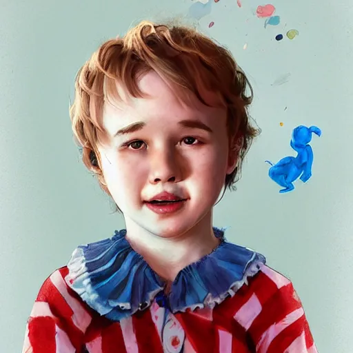 Image similar to Young Haley Joel Osment from the movie AI as cute clown kid, , by Stanley Artgerm Lau, WLOP, Rossdraws, James Jean, Andrei Riabovitchev, Marc Simonetti, Yoshitaka Amano, ArtStation, CGSociety,