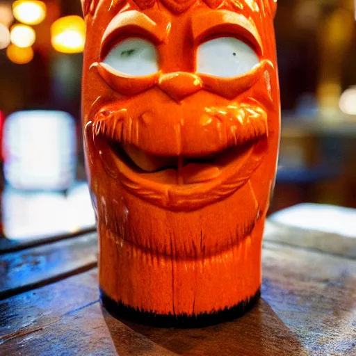 Image similar to a closeup photorealistic photograph of an orange cat garfield style tiki mug at a trader vic's bar with garfield's face on the front. tiki party. bright scene. fine detail. this 4 k hd image is trending on artstation, featured on behance, well - rendered, extra crisp, features intricate detail, epic composition and the style of unreal engine.