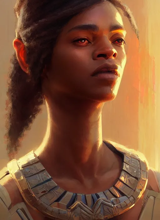 Image similar to highly detailed portrait of protagonist from futuristic movie, brown skin, egyptian design, adventure game, d & d, fantasy art by greg rutkowski, stanley artgerm, loish, rhads, tom bagshaw, global illumination, radiant light, detailed and intricate environment