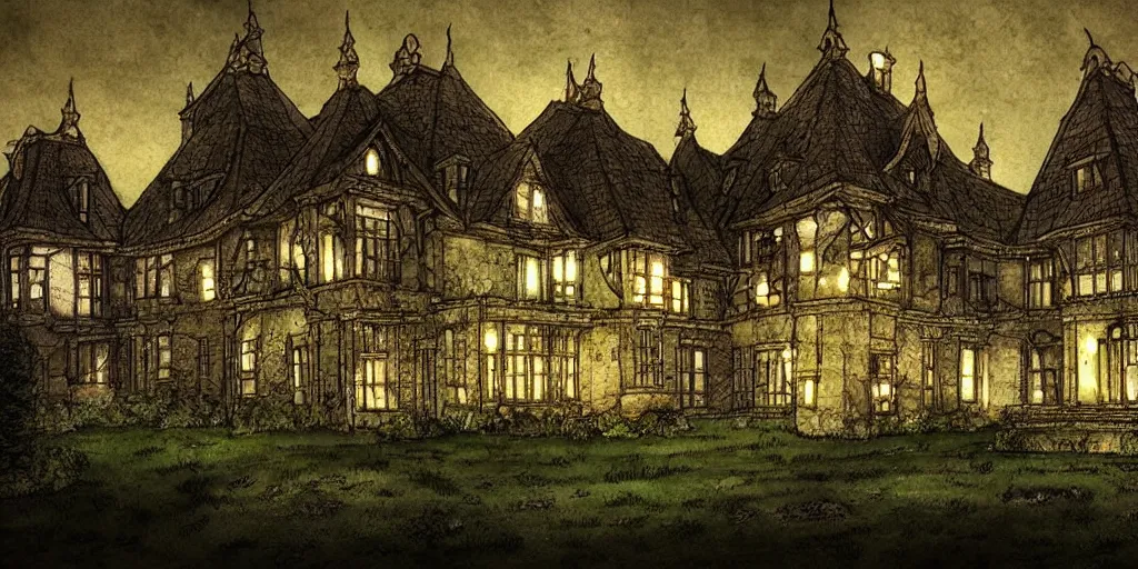 Prompt: manor in the middle of the forest, at night, no light, manga, fantasy