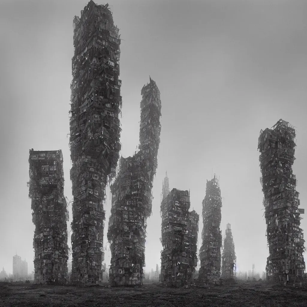 Prompt: two giant towers, made up of makeshift squatter shacks, misty, dystopia, mamiya rb 6 7, fully frontal view, very detailed, digital glitches, photographed by ansel adams