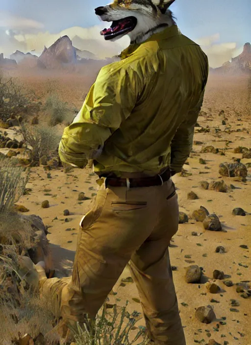 Prompt: Character portrait of a smiling furry anthro coyote wearing a yellow button-down shirt and olive green slacks in the desert wilderness, intricate, elegant, highly detailed, digital painting, artstation, concept art, smooth, sharp focus, illustration, art by Krenz Cushart and Artem Demura and alphonse mucha