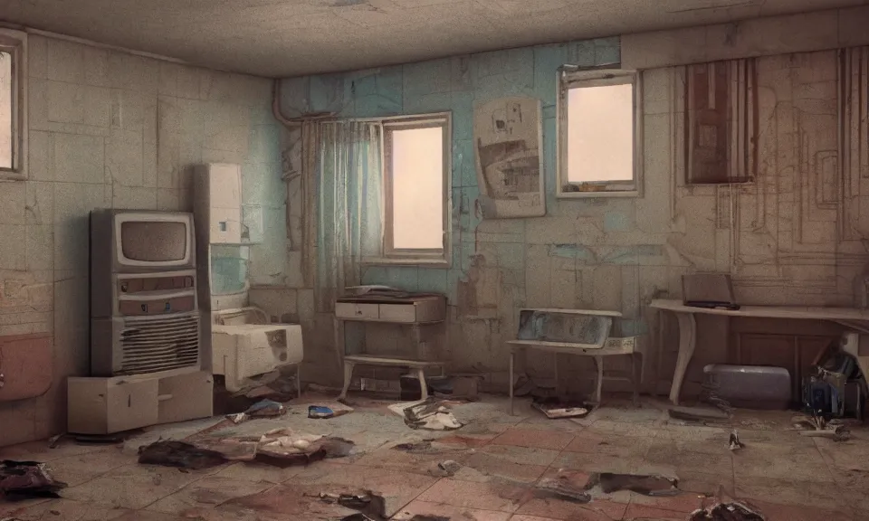 Prompt: artstation scifi scene of a shabby american room in 1 9 7 0 s, shabby room, old tv, tile floor, cabinets, cot, paneled walls, unreal engine 5, hyper realism, realistic shading, cinematic composition, blender render, octane render, hdr, detailed textures, photorealistic, wide shot