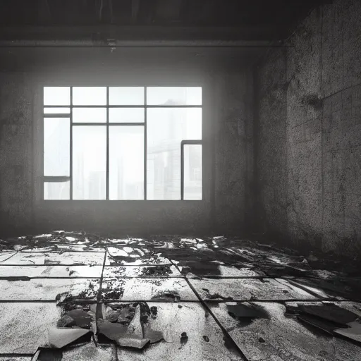 Prompt: interior of a building in an overgrown abandoned hong kong, light pouring through the windows, deserted and decaying concrete, unreal engine 5, raytracing, artstation, 8k