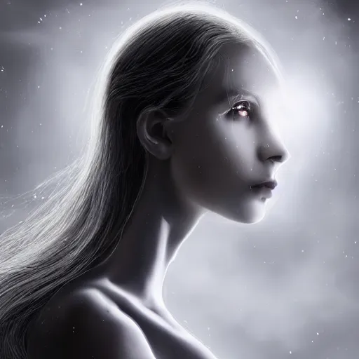 Prompt: A young beautiful female angelic-extraterrestrial-cyborg face with a very long neck, big detailed luminous eyes, thin nose, big lips, hair floating in the wind, Realistic, Refined, Digital Art, Pre-Raphaelite, Highly Detailed, Cinematic Lighting, rim light, dramatic, contrasted black and white, photo-realistic Unreal Engine, 8K