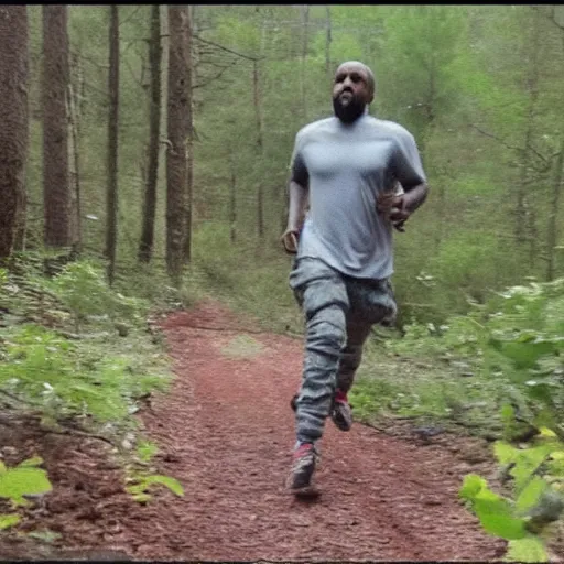 Image similar to trailcam footage of kanye west running in the forest
