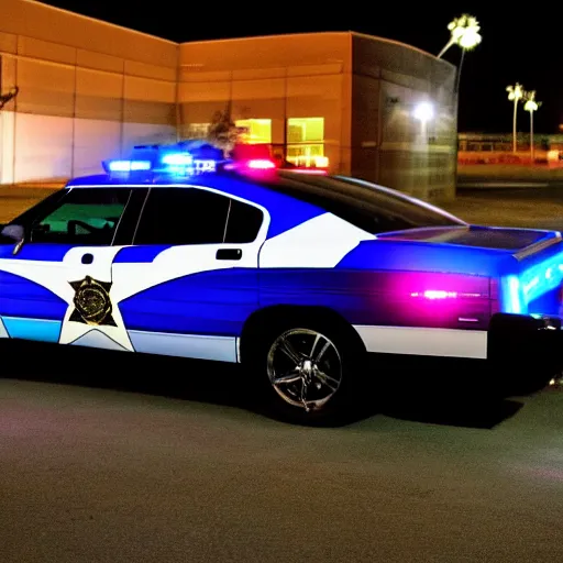 Prompt: candid nighttime photo of a county sheriff livery police car dodge charger parked in an empty parking lot at night dark midnight