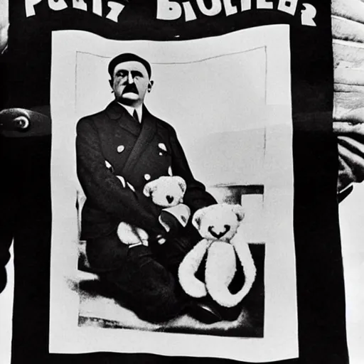 Image similar to hitler holding a teddy bear, propaganda poster