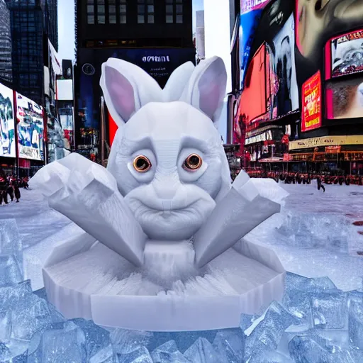 Prompt: a realistic ice sculpture of a very scary bunny with sharp teeth made by michelangelo, standing in times square, 3 d render, hyper detailed, sharp focus, 8 k resolution
