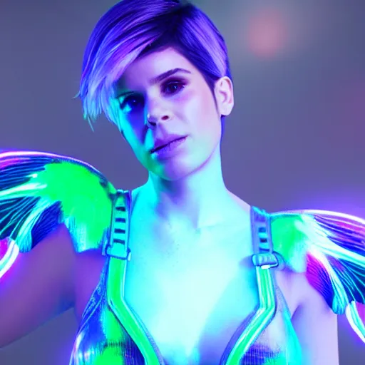 Image similar to neon fluorescent, iridescent kate mara with fairy wings cyperpunk 2 0 7 7, unreal engine 5, 8 k ultra life like, photo realistic, hyperdetailed, volumetric lighting, extremely high quality