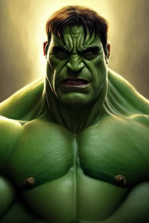 Prompt: Michael Scott as Hulk, Hulk costume, Michael Scott hairstyle, Hulk body type, Michael Scott Face, calm, grumpy, portrait, masculine figure, highly detailed, digital painting, artstation, concept art, smooth, sharp focus, illustration, cinematic lighting, art by artgerm and greg rutkowski and alphonse mucha