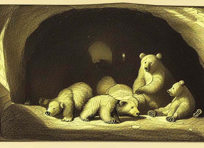 Image similar to Pieter Claesz's 'a bear and her cubs sleeping in a dark cave, lit by hole in roof', night time, cross hatching, framed, monochrome, yellow