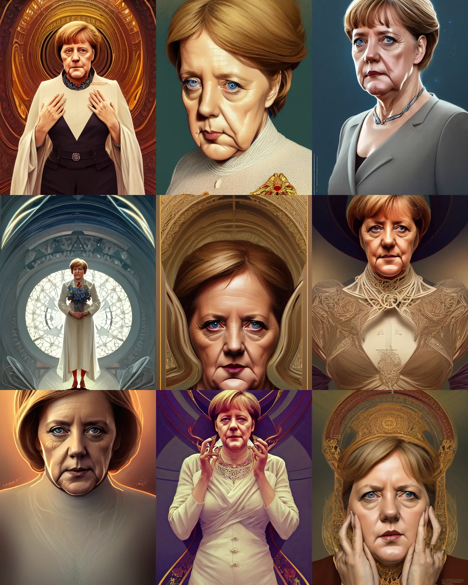 Prompt: symmetry!! wide angle full shot of a beautiful angela merkel, pretty face, intricate, elegant, highly detailed, digital painting, artstation, concept art, smooth, sharp focus, illustration, art by artgerm and greg rutkowski and alphonse mucha, 8 k