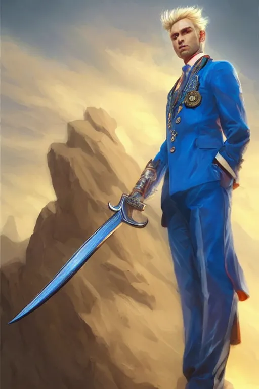 Prompt: side profile of a blonde man in a blue suit with medals on it dual wielding a sword and a pistol, highly detailed, d & d, fantasy digital painting, trending on artstation, concept art, sharp focus, illustration, volumetric light, intricate, art by artgerm and greg rutkowski