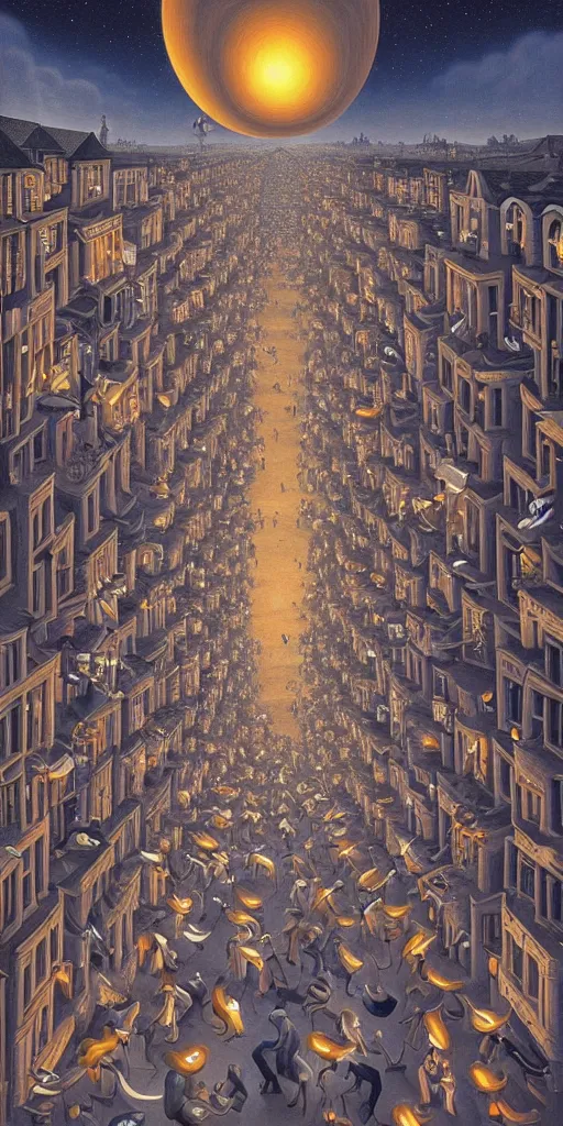 Image similar to A crowded street extending into the night sky, matte painting by Rob Gonsalves, in the style of Salvador Dalí, surrealism, magic realism, optical illusion art