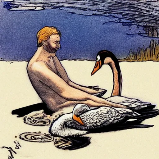 Prompt: man and swan sitting on a pile of ashes, drawing by Milo Manara, highly detailed, sensual colors