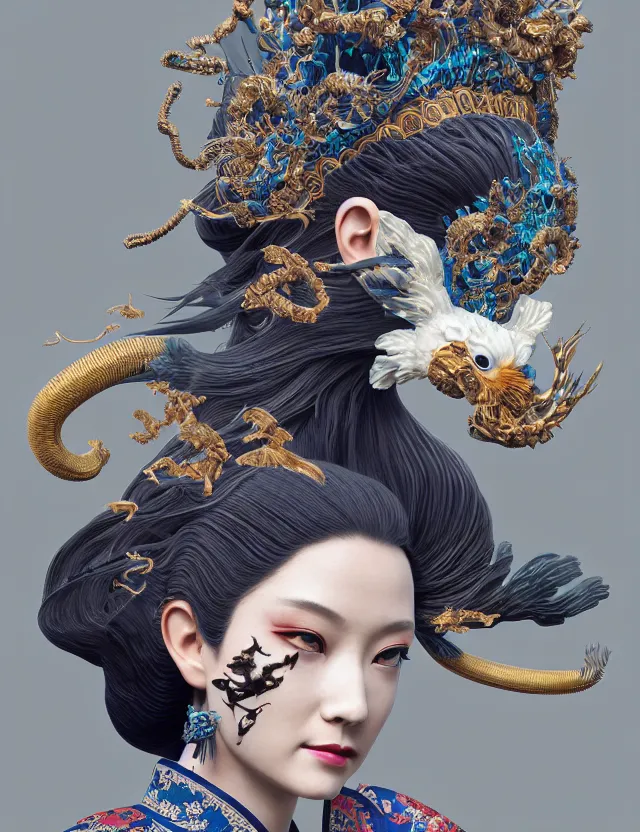 Image similar to 3 d goddess close - up profile portrait with crown, ram skull. beautiful intricately detailed japanese crow kitsune mask and clasical japanese kimono. betta fish, jellyfish phoenix, bio luminescent, plasma, ice, water, wind, creature, artwork by tooth wu and wlop and beeple and greg rutkowski