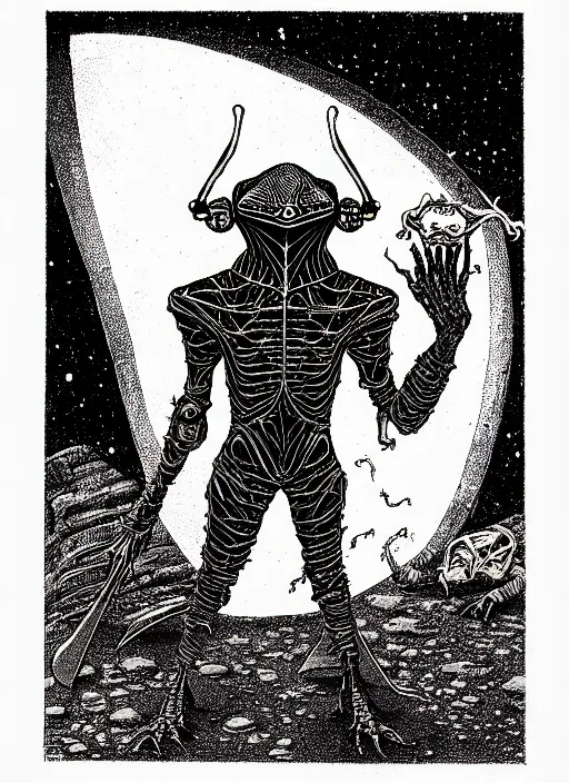 Image similar to a roswell alien with a ray pistol as a d & d monster, pen - and - ink illustration, etching, by russ nicholson, david a trampier, larry elmore, 1 9 8 1, hq scan, intricate details, high contrast, no background