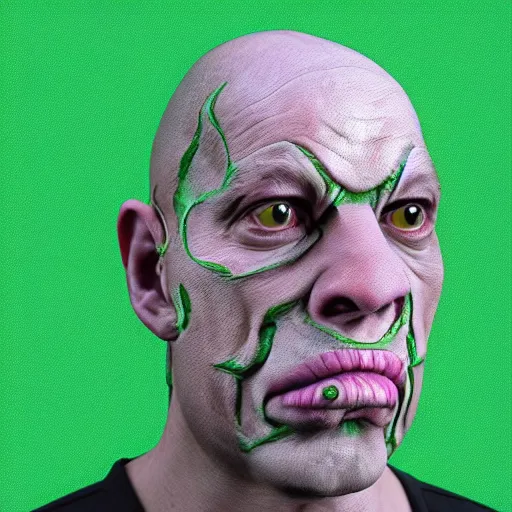 Image similar to A hyperrealistic digital painting of a bald man with creepy frog eyes, a frog tongue, and slimy green skin