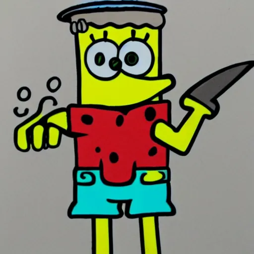 Image similar to rough sketch in crayola, spongebob squarepants cartoon character holding a kitchen knife, childish crayon art