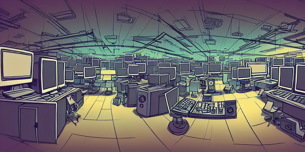 Prompt: curved perspective digital art of a hacker’s computer lab by Petros Afshar