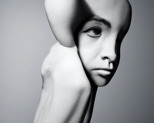 Prompt: photo of an impossible human female, optical illusion, studio photo
