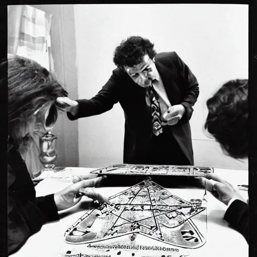 Image similar to Romani Prodi summoning spirits with an Ouija board