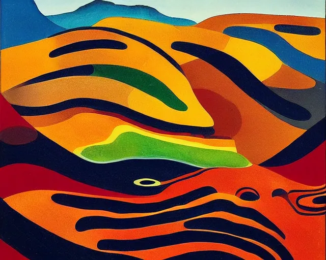 Image similar to A wild, insane, modernist landscape painting. Wild energy patterns rippling in all directions. Curves, organic, zig-zags. Saturated color. Mountains. Clouds. Rushing water. Wayne Thiebaud. Arthur Dove. Zao Wou-ki.