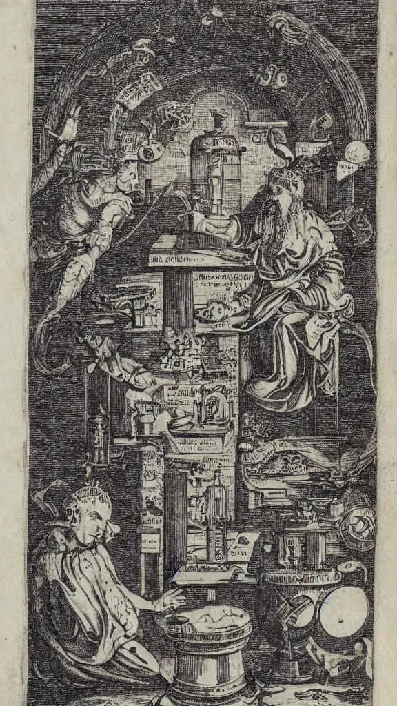 Image similar to esoteric etching print of an alchemists laboratory, amphitheatrum sapientiae aeternae, 1 5 9 5