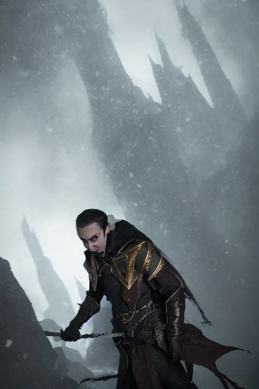 Image similar to Liam O'Brien as Vax'ildan from Vox Machina, Half-elf Rogue, realistic cinematic shot, swirling nature magic, subtle fog and mood lighting