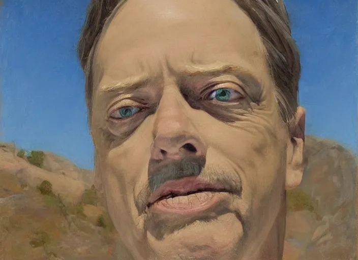 Prompt: a highly detailed beautiful portrait of the face of steve buscemi carved in a stone mountain, by gregory manchess, james gurney, james jean. wide landscape.