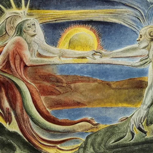 Image similar to mythological landscape in the style of william blake