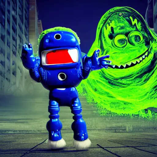 Image similar to blue robot ghost wearing a letterman jacket and genie pants, v mouth, cow lick hair practicing magic in a green slime filled city realistic art wide angle view realistic high detail