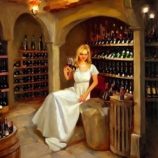 Image similar to wine cellar full of food, torches on the wall, schnapps, romantic, inviting, cozy, blonde woman, painting, Fritz Wagner, Vladimir Volegov, Olga Zakharova