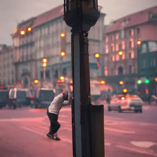 Prompt: Man drinking alcohol on a traffic light in the square city square, red light, atmospheric, 35mm movie, photo real, cinematic,