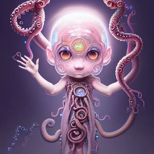 Image similar to A full shot of a cute magical monster Cryptid wearing a dress made of opals and tentacles. Chibi. Subsurface Scattering. Translucent Skin. Caustics. Prismatic light. defined facial features, symmetrical facial features. Opalescent surface. Soft Lighting. beautiful lighting. By Giger and Ruan Jia and Artgerm and WLOP and William-Adolphe Bouguereau and Loish and Lisa Frank. Sailor Moon. trending on artstation, featured on pixiv, award winning, sharp, details, intricate details, realistic, Hyper-detailed, HD, HDR, 4K, 8K.