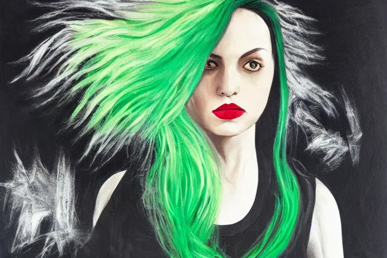 Prompt: woman with green dyed hair wearing a black t - shirt with a cool design, oil on canvas