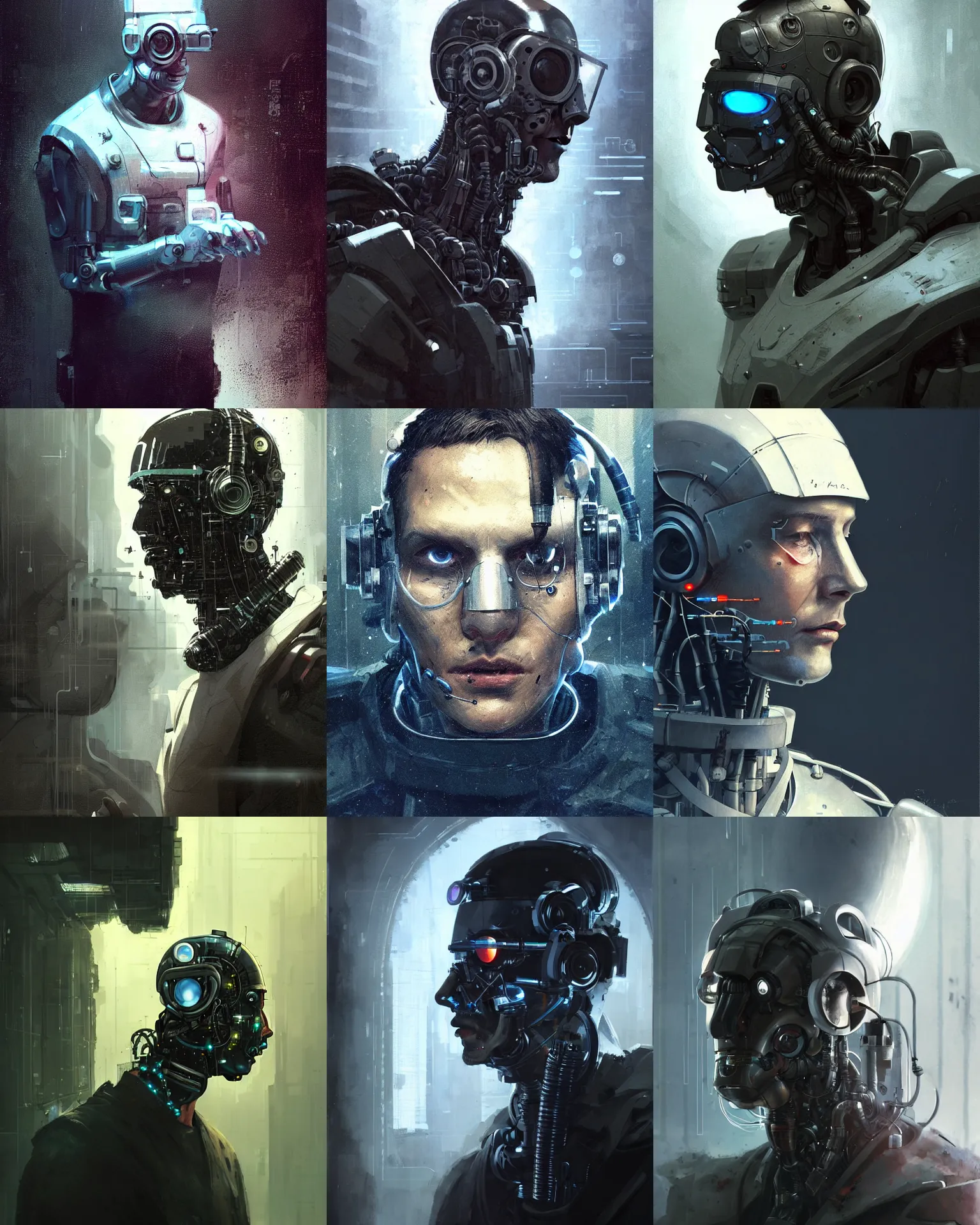 Prompt: a half masked laboratory technician man with cybernetic enhancements seen from a distance, scifi character portrait by greg rutkowski, craig mullins, 1 / 4 headshot, cinematic lighting, dystopian scifi outfit, profile picture, mechanical, cyborg, half robot