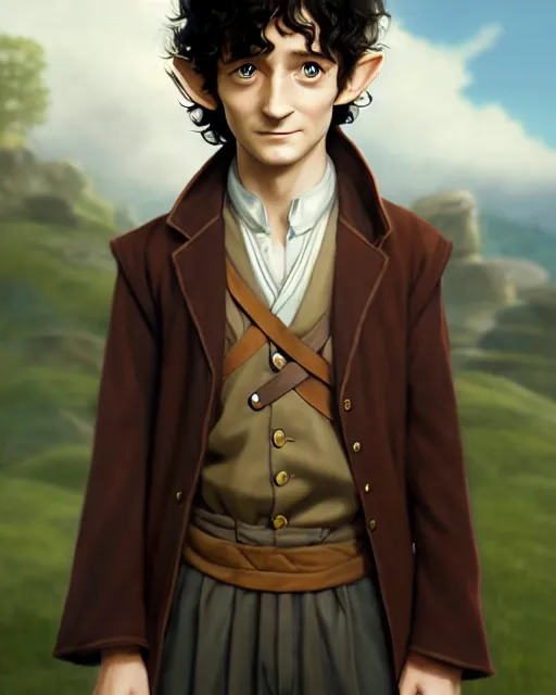 Image similar to portrait Anime joyful Hobbit Frodo Baggins; velvet brown jacket, backpack, Shire background || cute-fine-face, pretty face, realistic shaded Perfect face, fine details. Anime. realistic shaded lighting by Greg Rutkowski