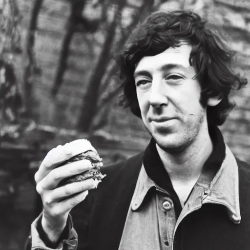 Image similar to bert jansch delightedly holding a sandwich up to the camera, photograph, 1 9 6 9