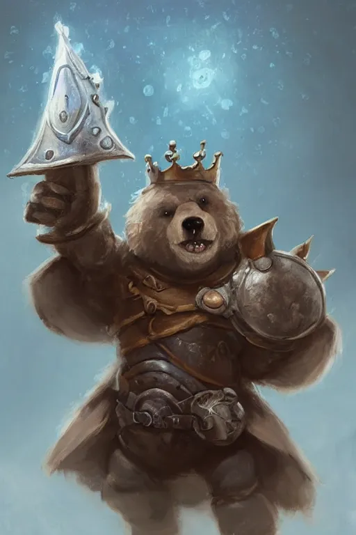 Image similar to cute little anthropomorphic bear knight wearing a cape and a crown, tiny, small, miniature bear, baby animal, short, pale blue armor, cute and adorable, pretty, beautiful, DnD character art portrait, matte fantasy painting, DeviantArt Artstation, by Jason Felix by Steve Argyle by Tyler Jacobson by Peter Mohrbacher, cinematic lighting