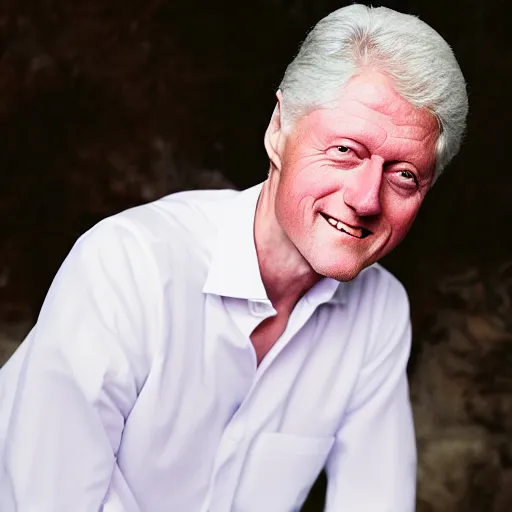 Prompt: dreamy picture of very pale Bill Clinton wearing a white shirt and smiling, upper body picture, photography, portrait