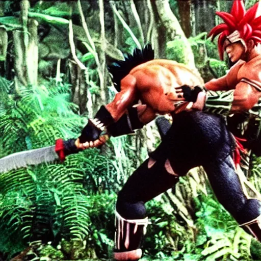 Image similar to Black-haired Saiyan warrior, fighting Yautja Predator in the jungle, 1987 cinematic, film quality