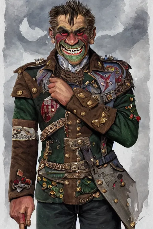 Image similar to 1 9 th century style portrait of a half orc with a bemused fanged smile on his face. dressed in a patchwork military uniform jacket with cut sleeves, runic arm tattoos, sharp focus, illustration, digital painting, art by magali villeneuve