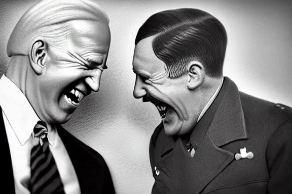 Image similar to “ very very intricate photorealistic photo of hitler and joe biden laughing together, detailed natural lighting, award - winning crisp details ”