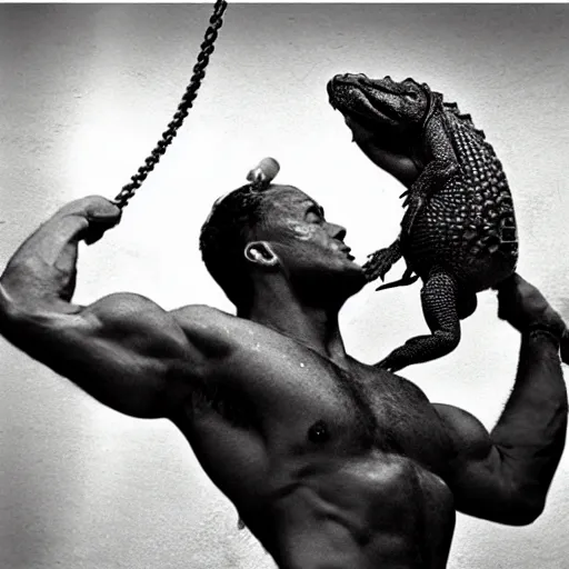 Prompt: photo of a man lifting an alligator above his head in the manner of weightlifting