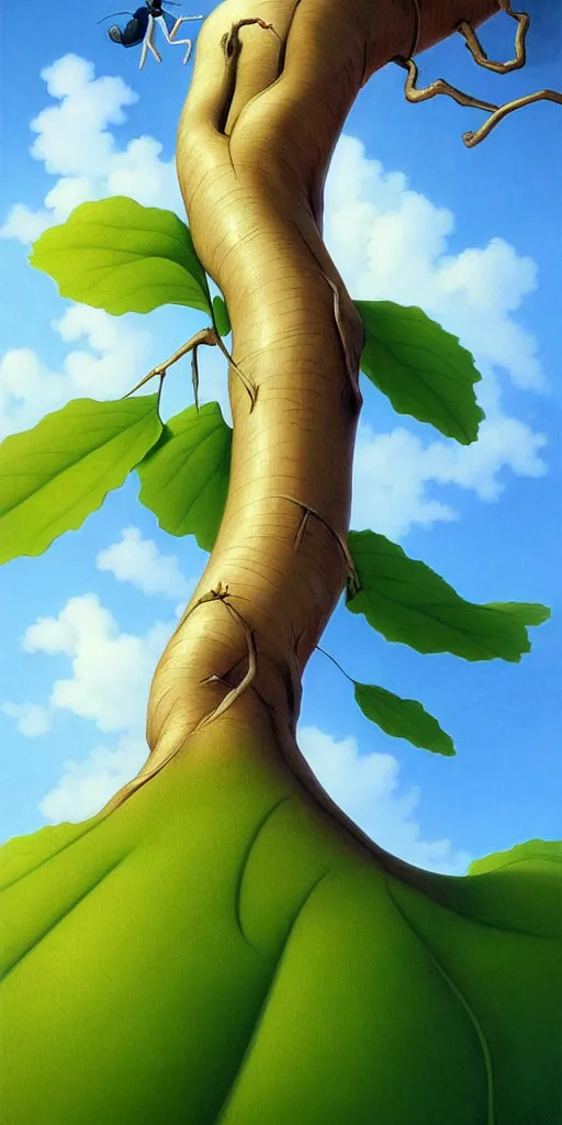 Prompt: a thin tree with an extremely long trunk, spherical foliage, low angle, ant perspective, fantasy digital painting by artgerm and leyendecker, surreal, photorealistic