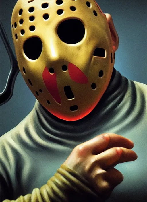 Image similar to hyper detailed 3d render like a Oil painting - Jason Voorhees (Friday the 13th) seen Eating hamburgers and french fries and big macs from mcdonalds by Jacek Yerka, Mariusz Lewandowski, Houdini algorithmic generative render, Abstract brush strokes, Masterpiece, Edward Hopper and James Gilleard, Zdzislaw Beksinski, Mark Ryden, Wolfgang Lettl, hints of Yayoi Kasuma, octane render, 8k