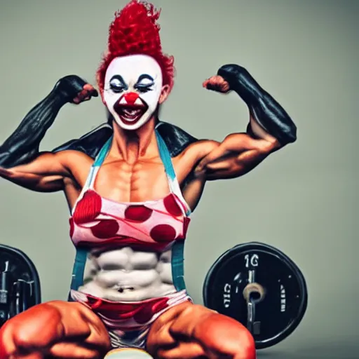 Prompt: muscular female clown flexing